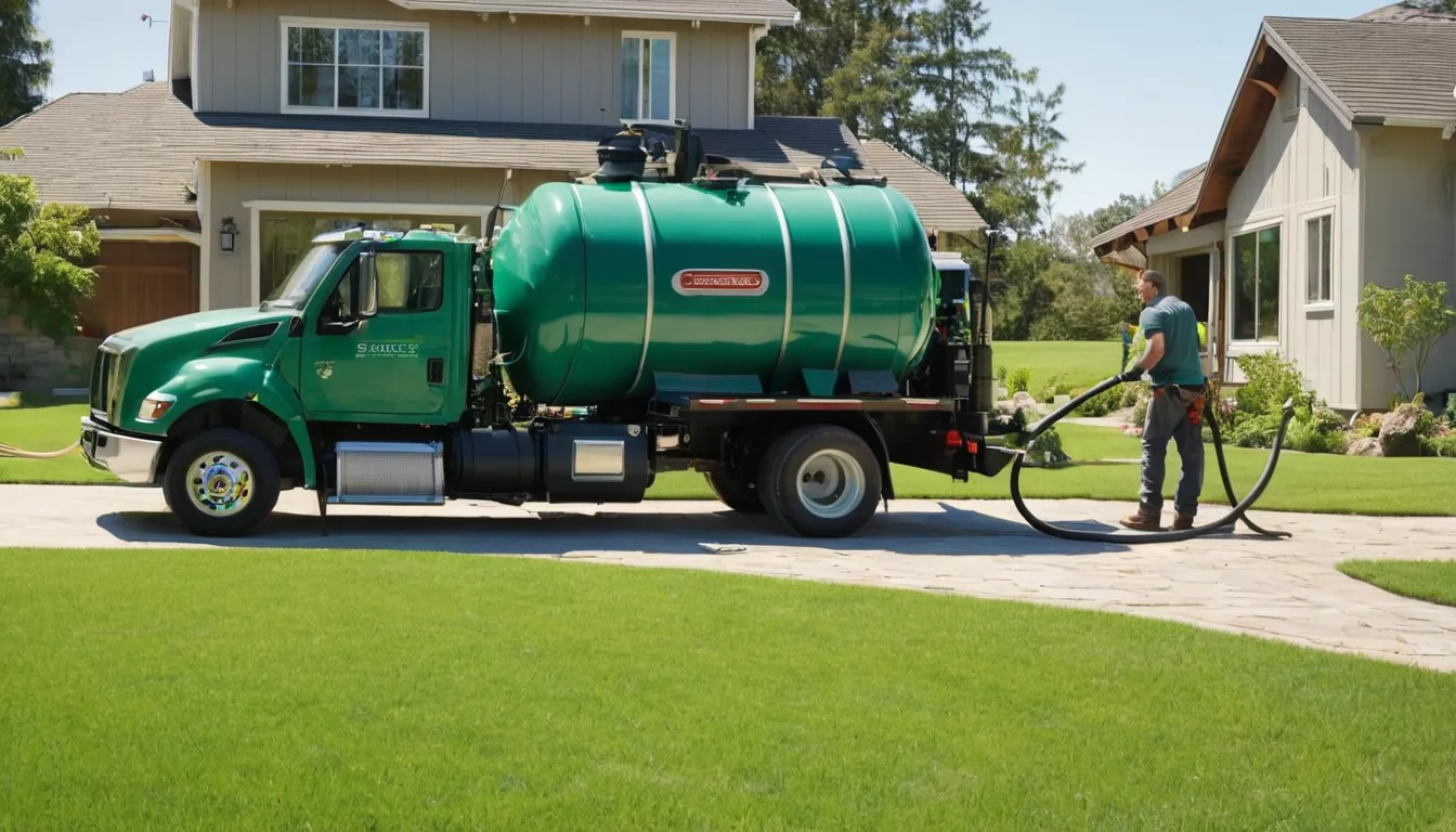 Septic provider with a pumping truck servicing a residential tank in a yard near Credit River